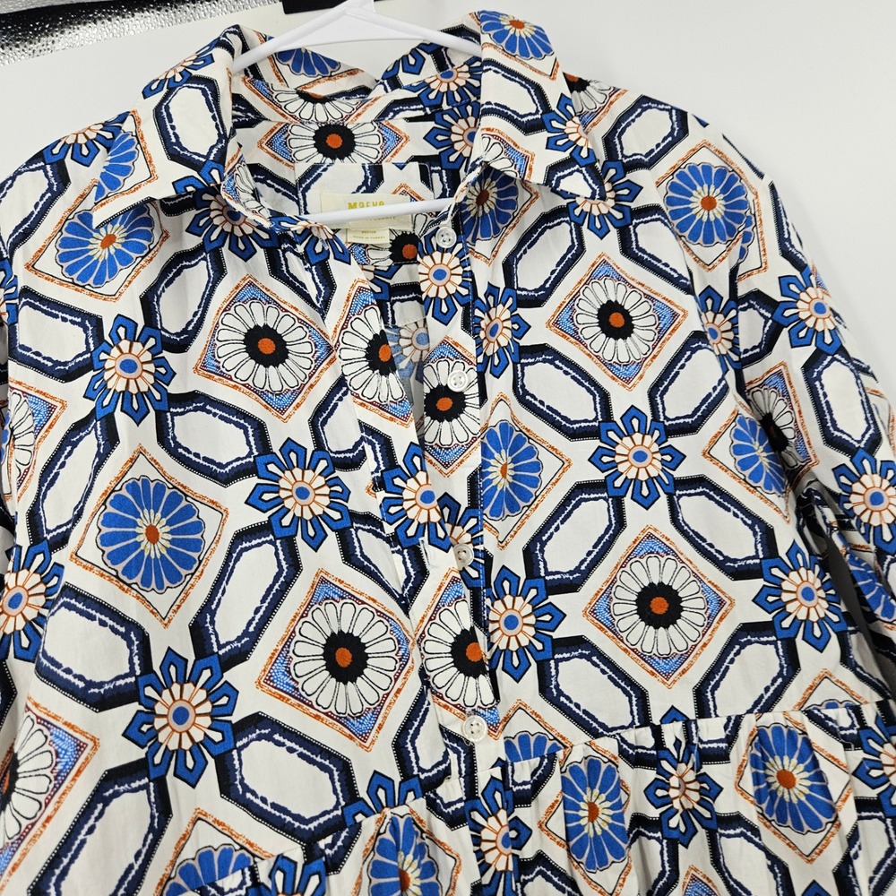 Maeve Anthropologie Bettina Tiered Shirt Dress Blue White Geometric Tile Print M - Picture 5 of 10